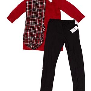 Kids Red Knit Sweater with Black Leggings and Plaid Scarf Set
